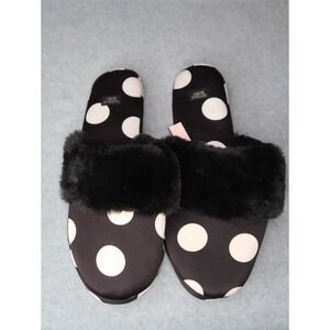 Victoria Secret Satin Faux Fur Polka Dot Slide Slippers‎ Women's L Sleepwear NWT